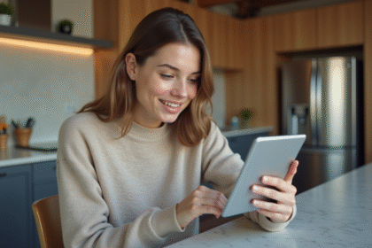 Jeune femme utilisant une tablette dans une cuisine moderne