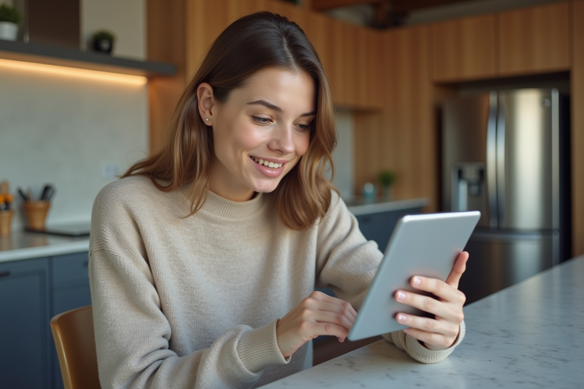 Jeune femme utilisant une tablette dans une cuisine moderne