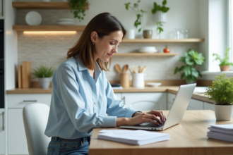 Femme travaillant sur son ordinateur dans une cuisine lumineuse
