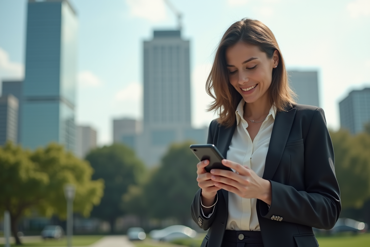 Femme professionnelle lisant des prévisions Ethereum en extérieur