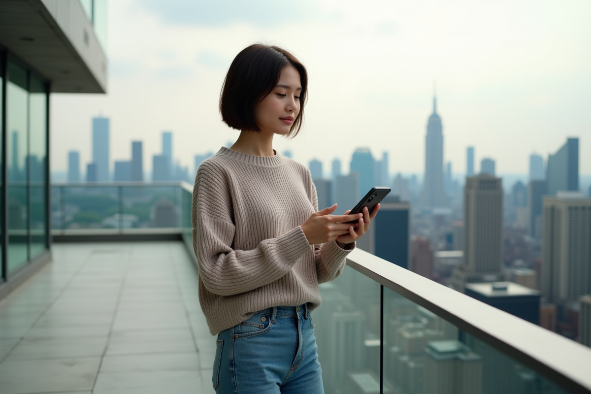 Jeune femme avec smartphone sur terrasse urbaine en ville