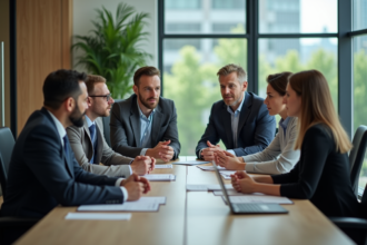 Groupe de professionnels en réunion dans un bureau moderne