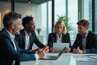 Groupe de professionnels en réunion dans un bureau moderne