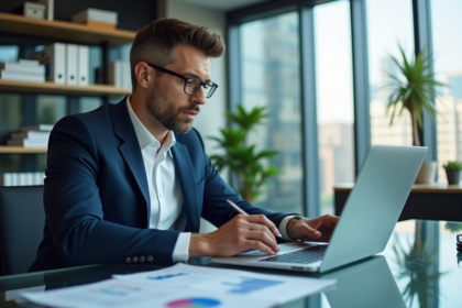 Homme d'affaires en costume analyse des graphiques financiers