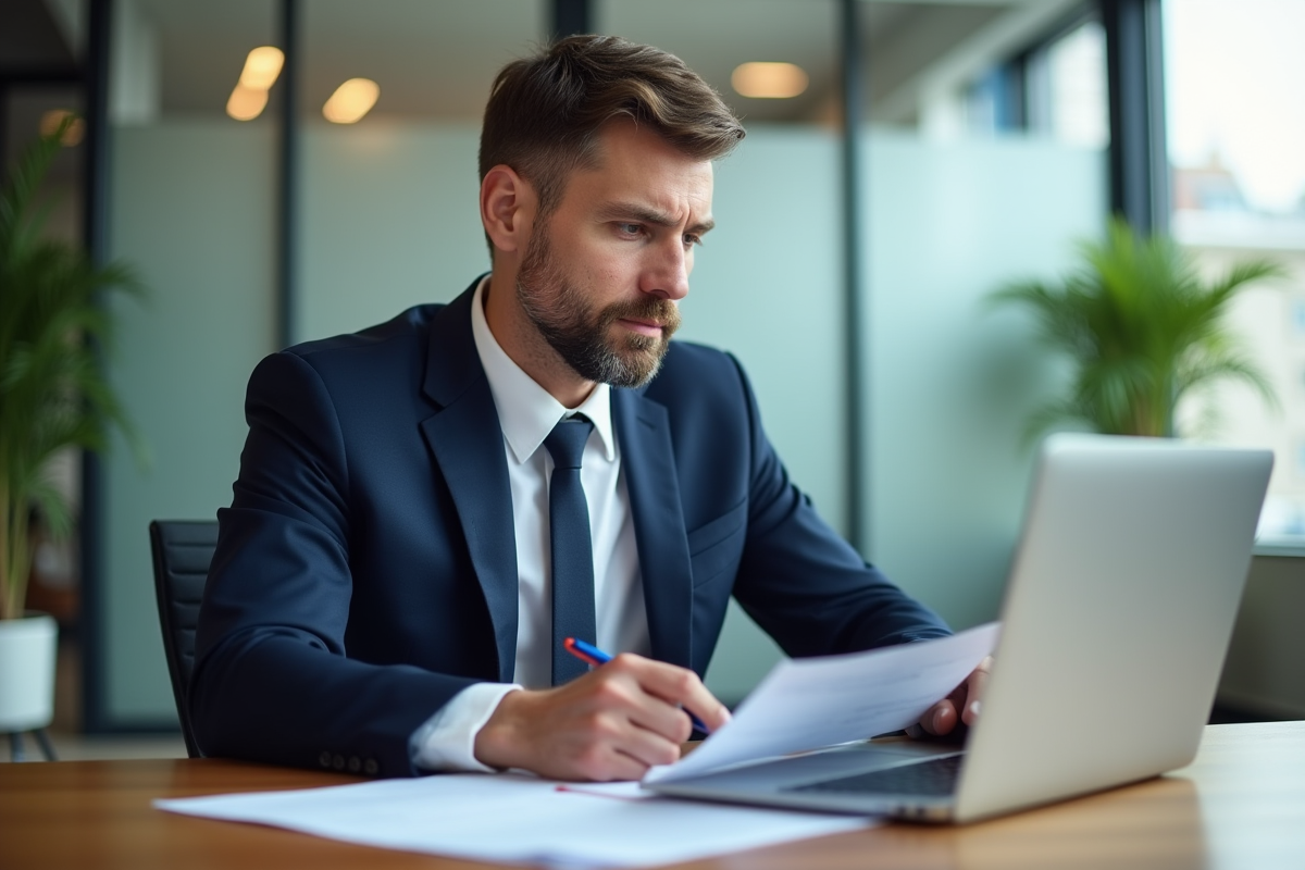 Homme d'affaires en costume bleu examine des documents d'assurance