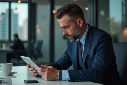 Homme d'affaires en costume bleu regardant un graphique Bitcoin