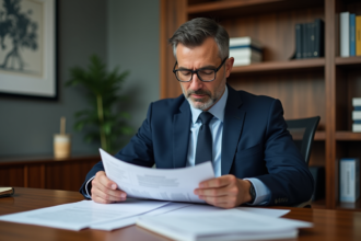 Homme d'affaires en costume navy examinant des documents