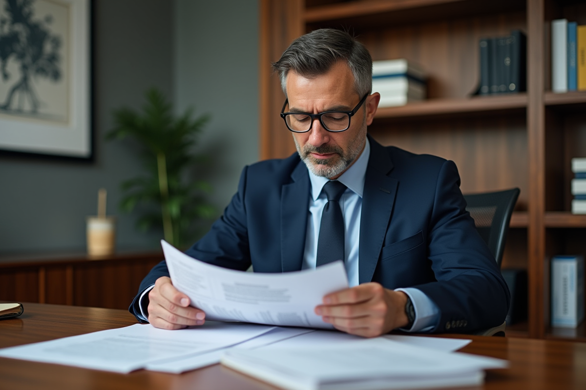 Homme d'affaires en costume navy examinant des documents