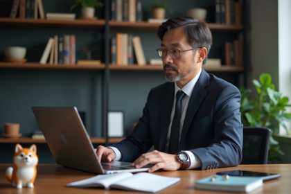 Homme d'affaires concentré avec un Shiba Inu dans un bureau