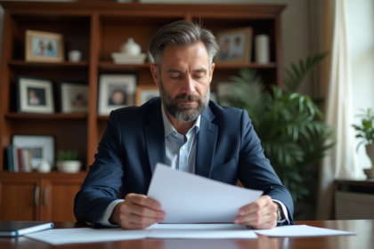 Homme d'affaires en costume bleu examinant des documents d'investissement