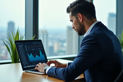 Homme en blazer navy analysant des graphiques numériques