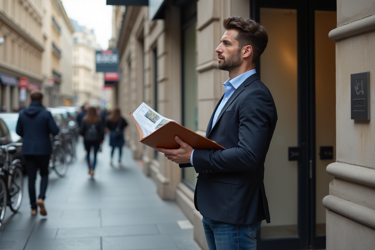 Homme devant une banque avec brochure immobiliere
