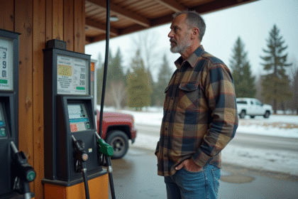 Homme canadien à la station essence en plein air