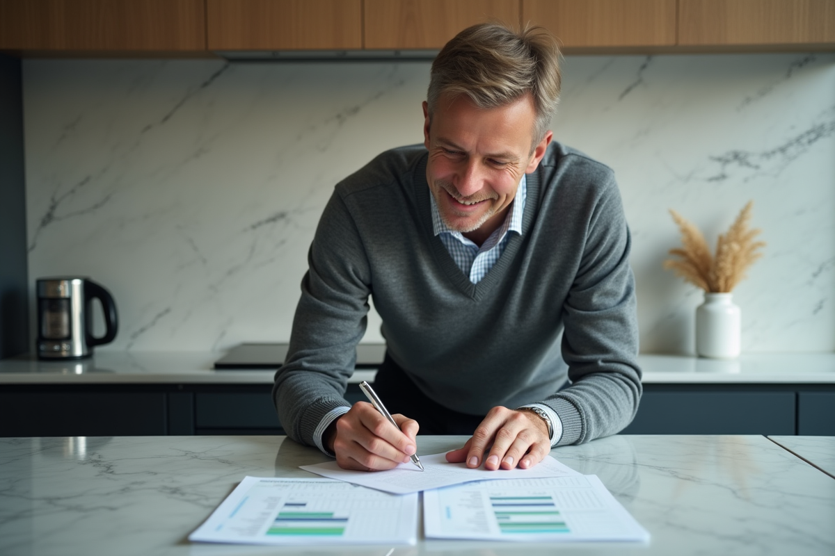 Homme remplissant des formulaires dans la cuisine