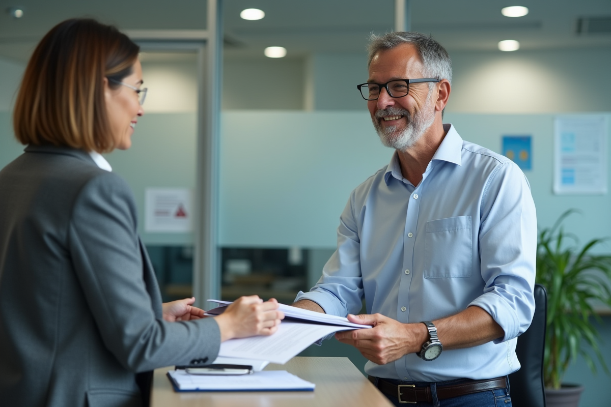 Homme remettant ses documents à un agent au bureau des impots