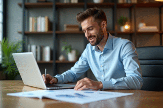 Jeune homme d'affaires analysant des graphiques financiers