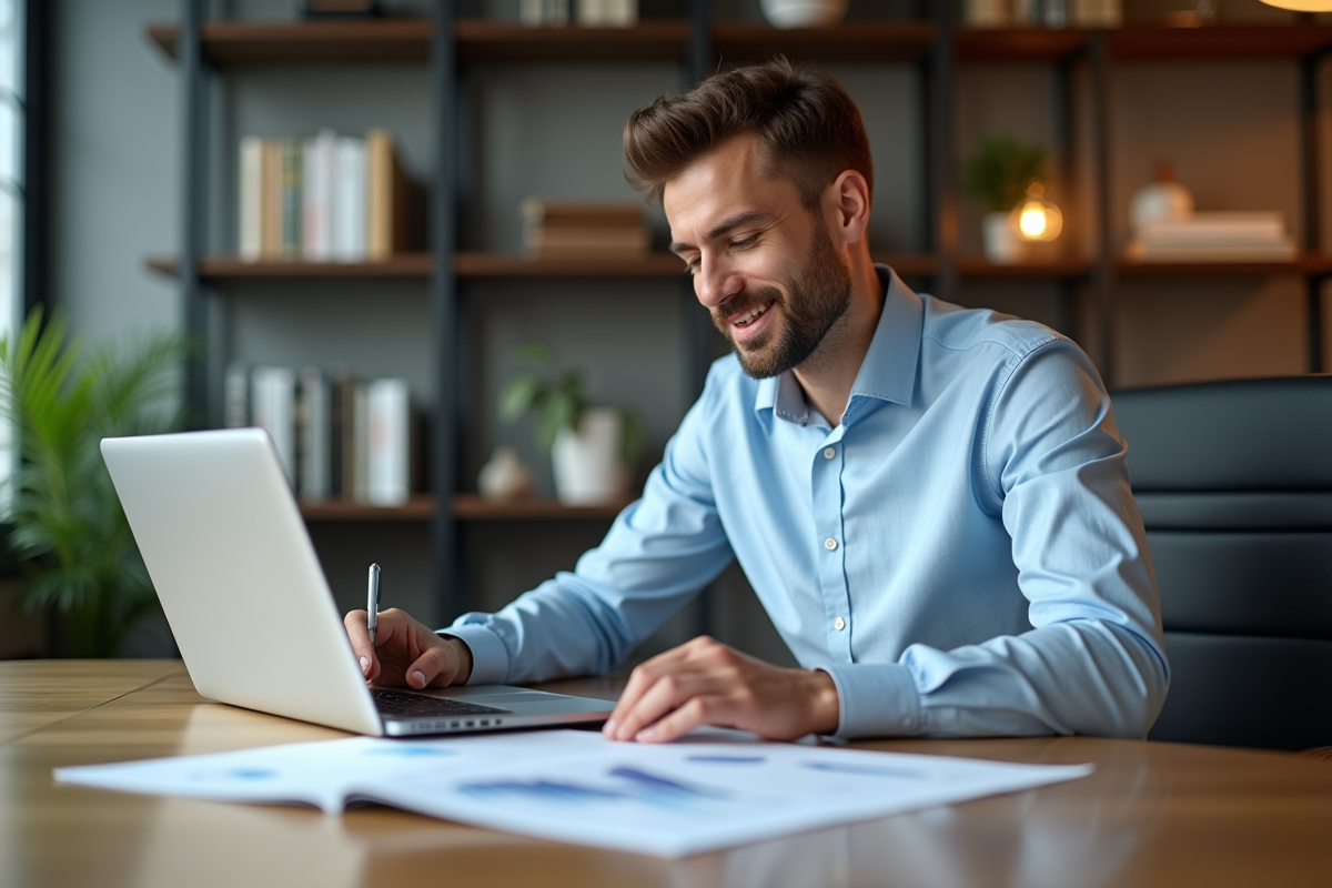 Jeune homme d'affaires analysant des graphiques financiers
