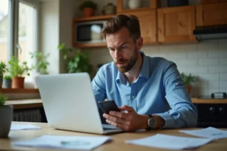 Homme anxieux regardant son écran bancaire en ligne