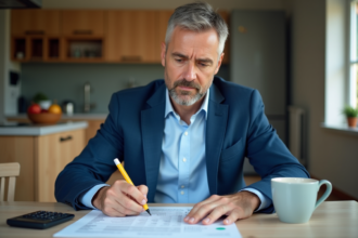 Homme d'âge moyen lisant un document fiscal à la maison