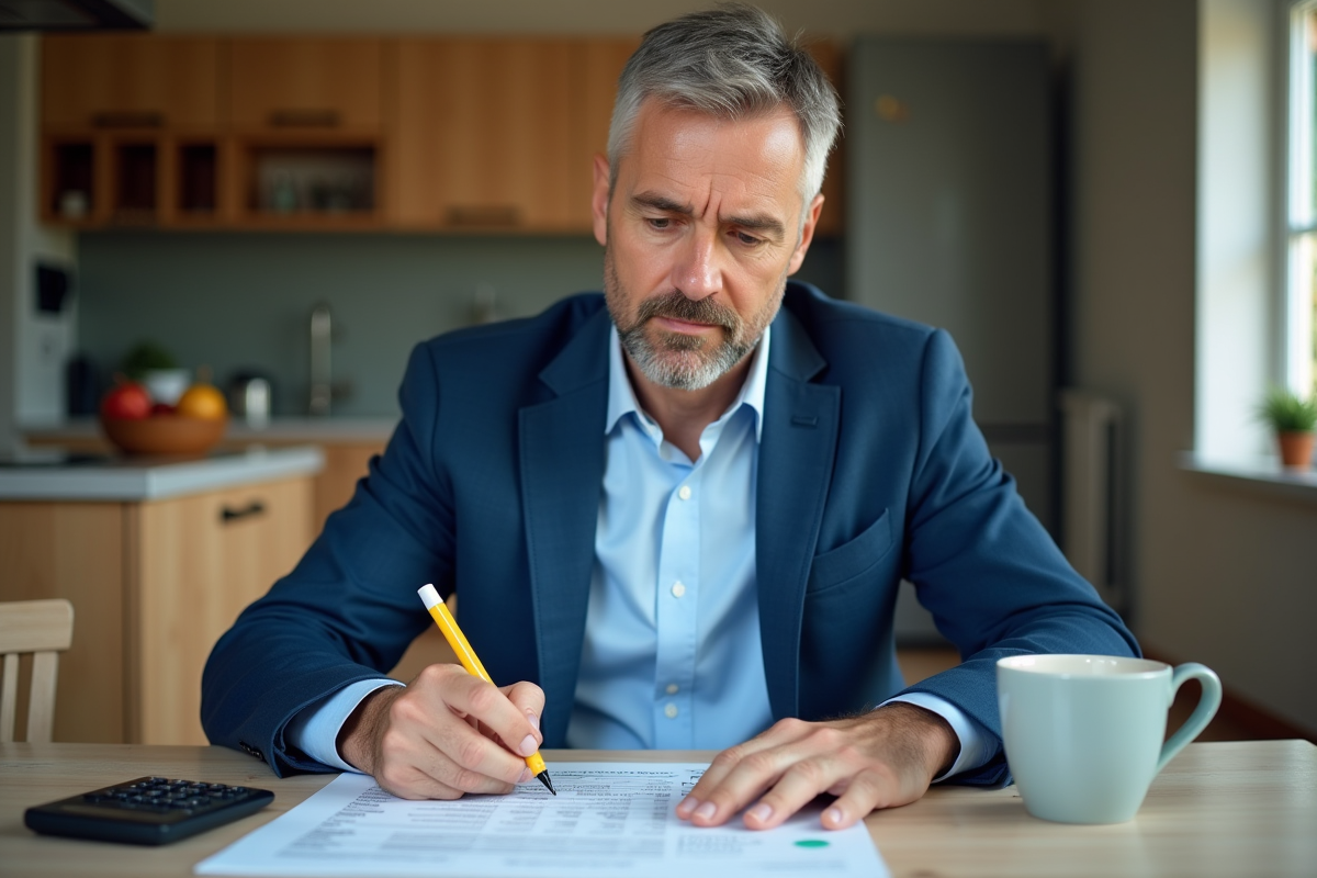 Homme d'âge moyen lisant un document fiscal à la maison