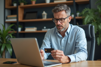 Homme d'âge moyen vérifiant une confirmation de paiement sur son ordinateur