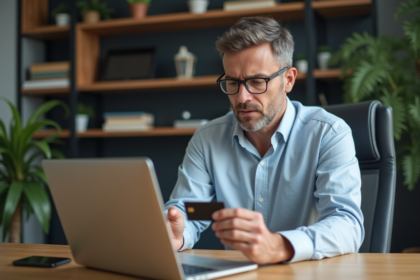 Homme d'âge moyen vérifiant une confirmation de paiement sur son ordinateur