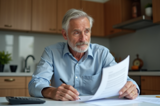 Homme retraité de 67 ans examinant des papiers de pension