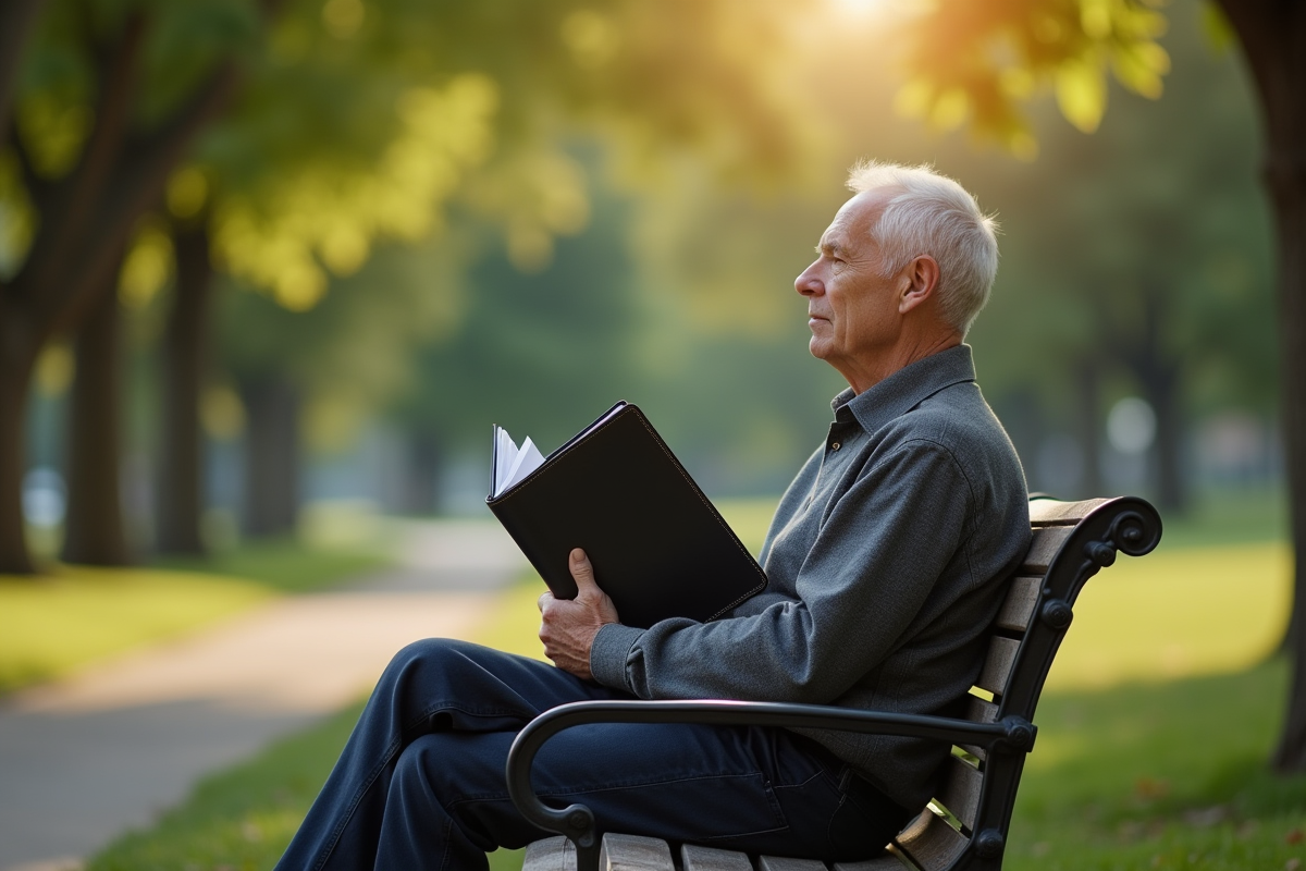 Homme âgé assis seul sur un banc de parc avec dossier retraite