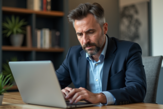 Homme en costume regardant son ordinateur pour la securite bancaire