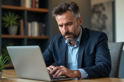 Homme en costume regardant son ordinateur pour la securite bancaire
