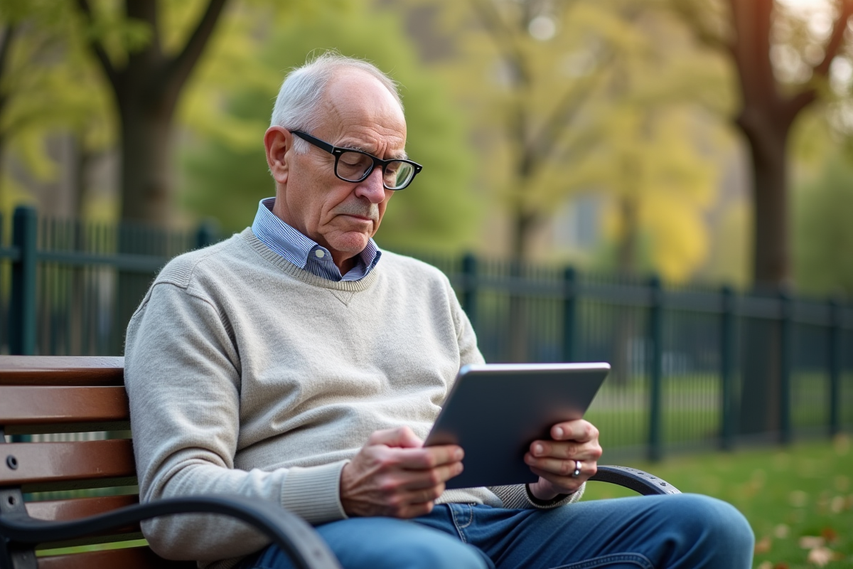 Homme lisant un graphique sur une tablette dans un parc