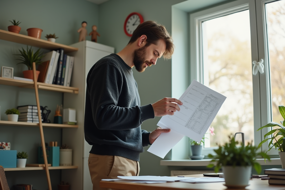 Homme triant des documents dans un bureau à domicile organisé