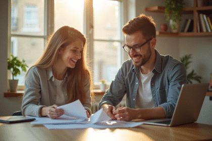 Jeune couple heureux dans une cuisine lumineuse