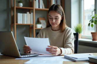 Jeune femme en bureau moderne examinant un document