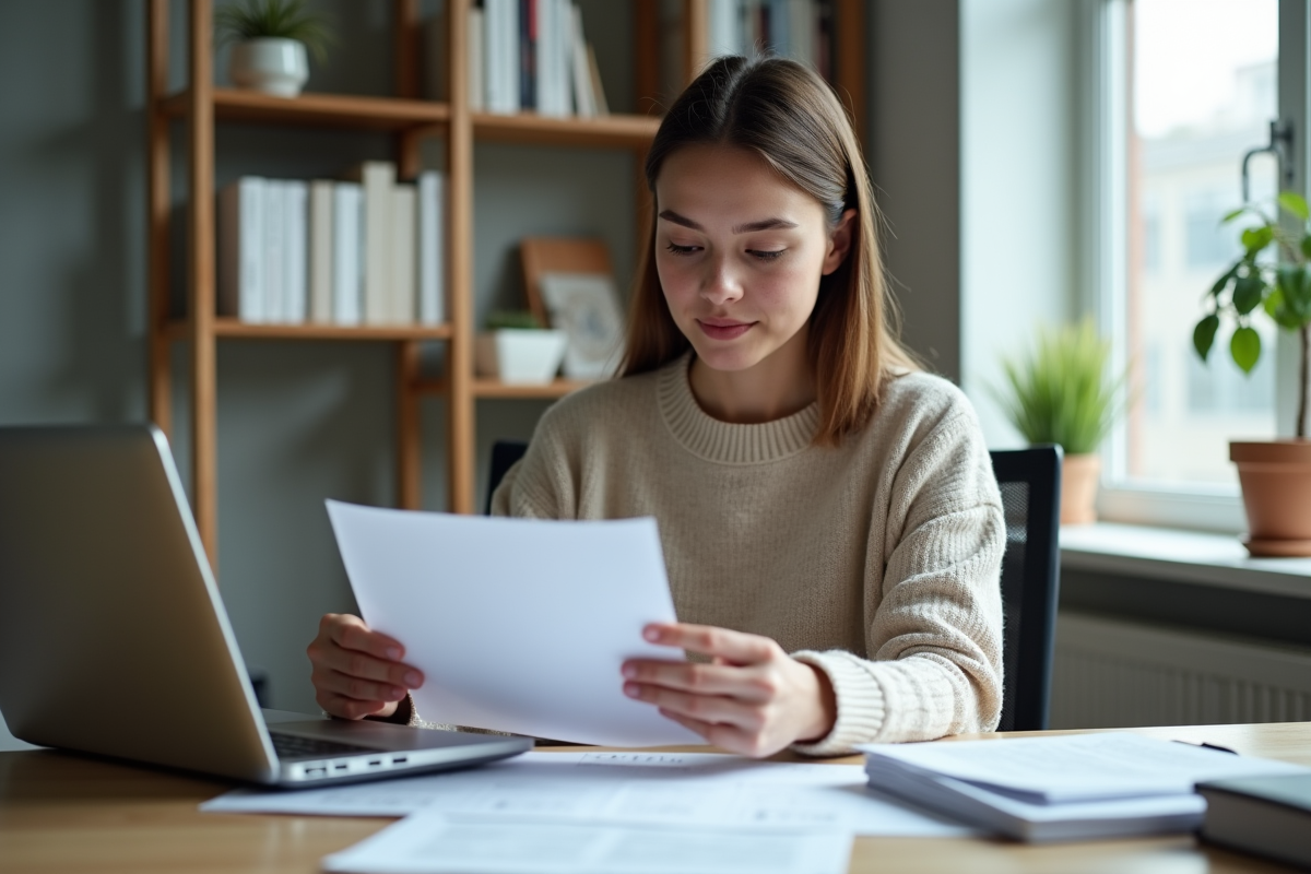 Jeune femme en bureau moderne examinant un document