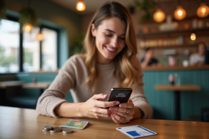 Jeune femme utilisant smartphone pour payer dans un café français