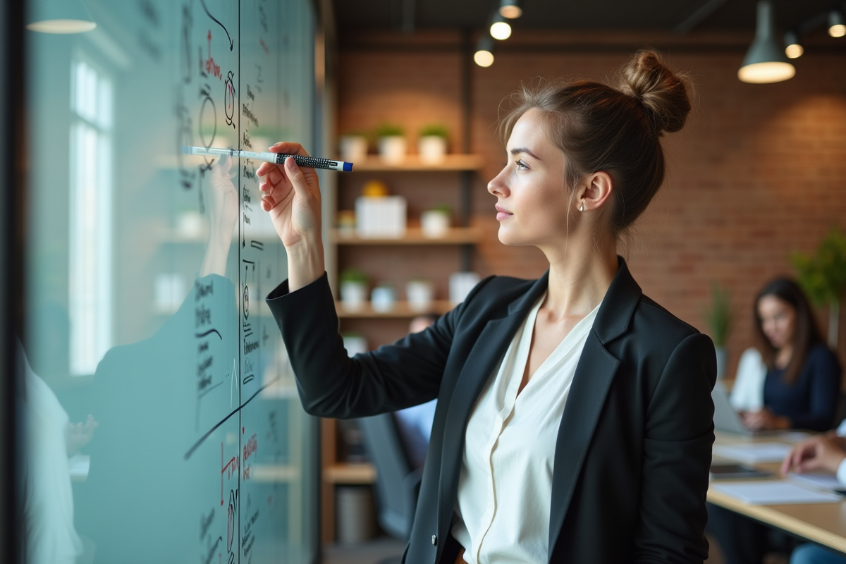 Jeune femme écrivant dans un espace de travail créatif