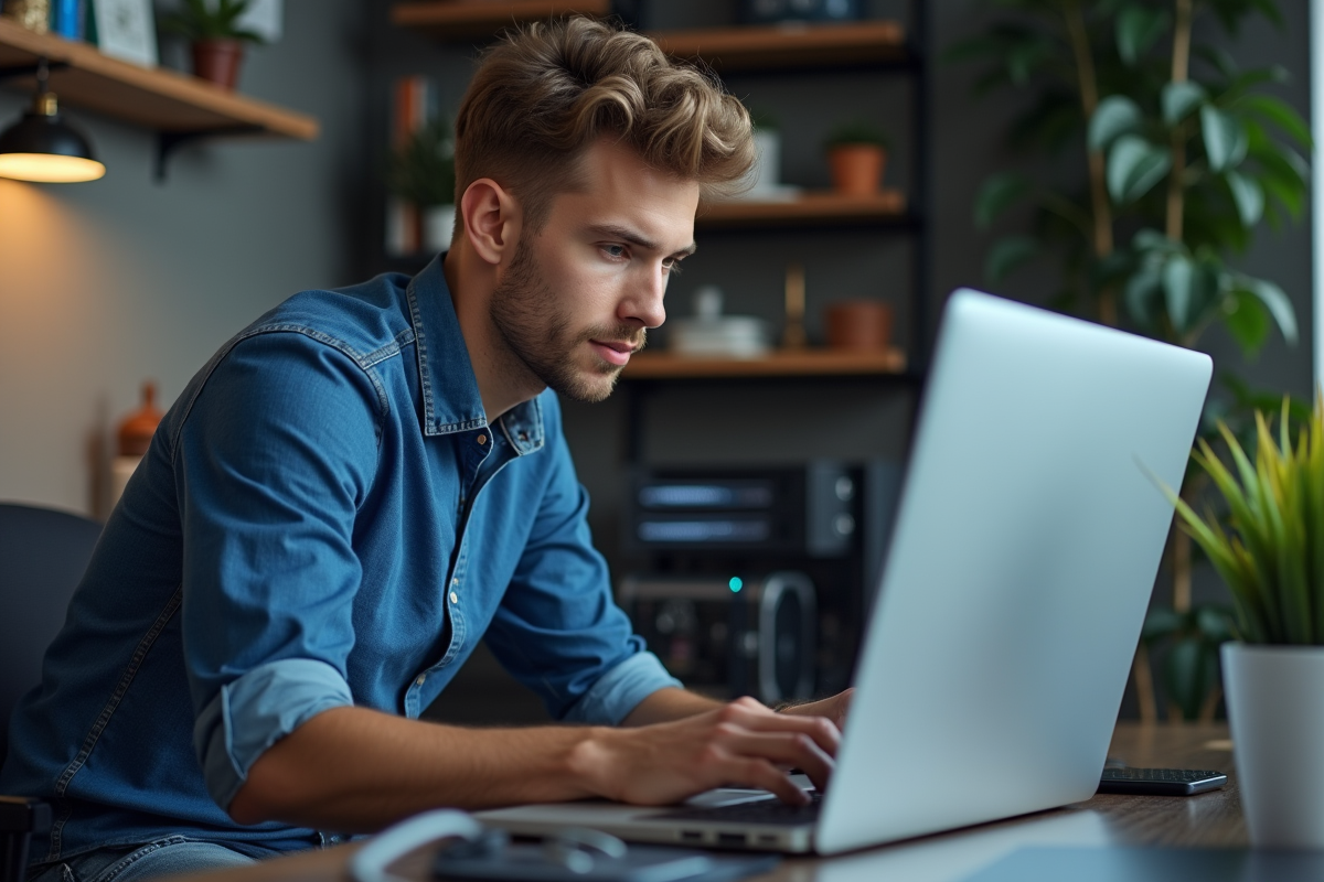 Jeune homme concentré travaillant sur son ordinateur dans un bureau moderne