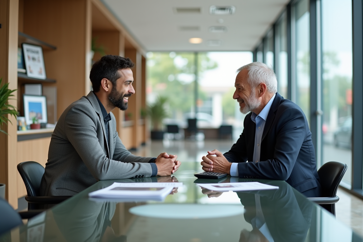 Jeune homme souriant consultant un conseiller financier dans une banque