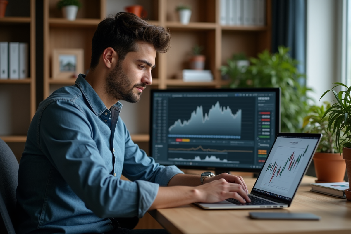 Jeune homme analysant des graphiques Ethereum à domicile