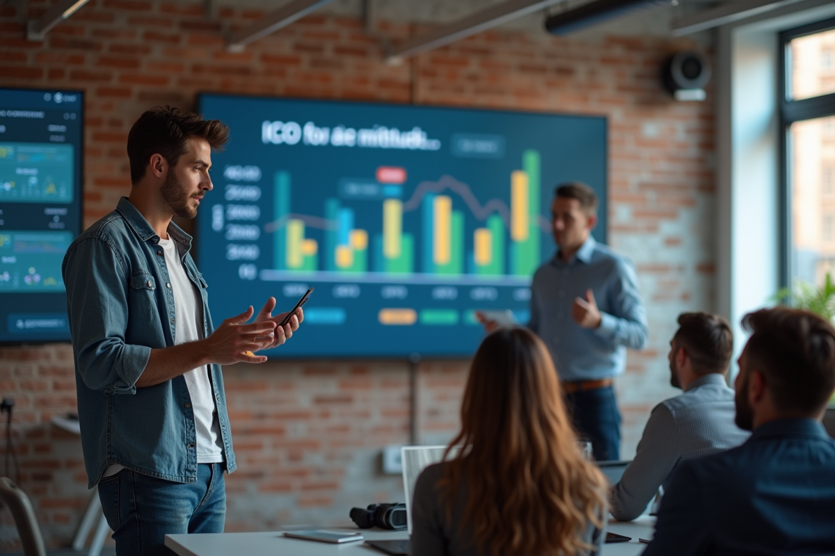 Jeune homme présentant infographie crypto dynamique