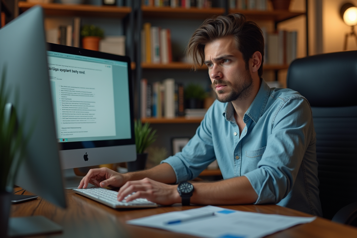 Jeune homme pensif regardant son écran dans un bureau à domicile