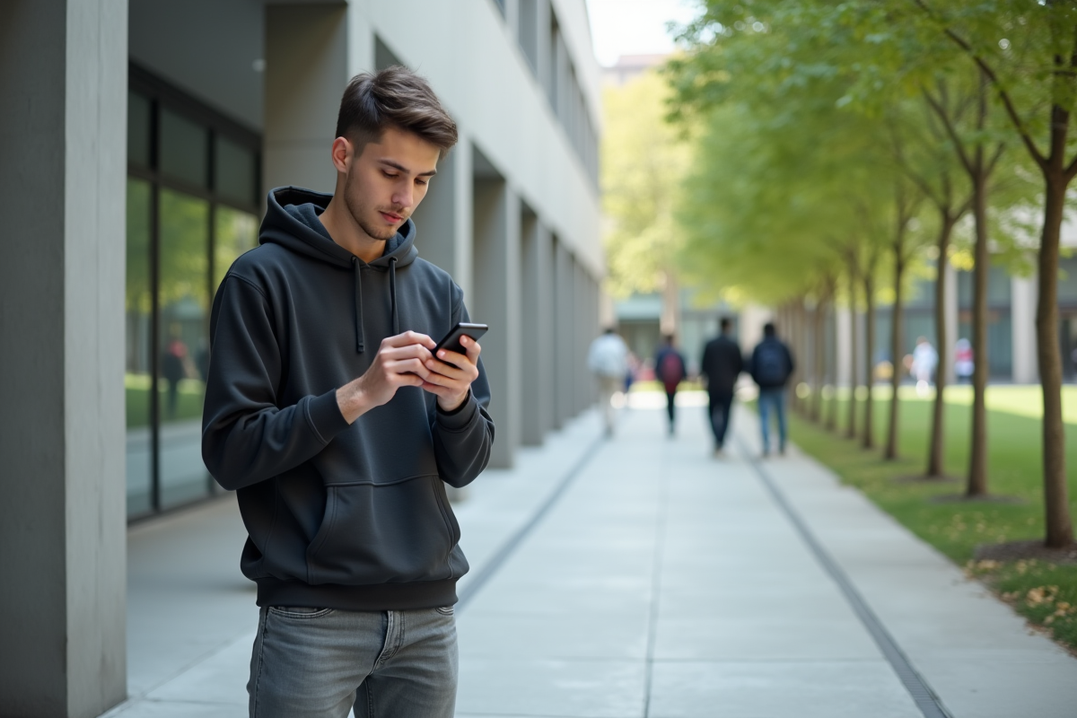 Jeune homme étudiant dehors devant un bâtiment universitaire
