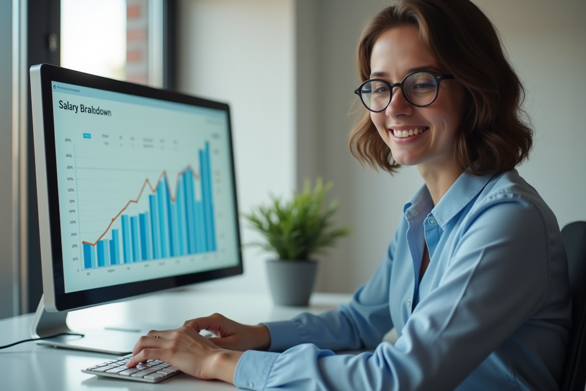 Jeune professionnel souriant devant un écran avec graphique salarial