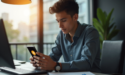 Jeune professionnel vérifiant son smartphone avec logo Dogecoin
