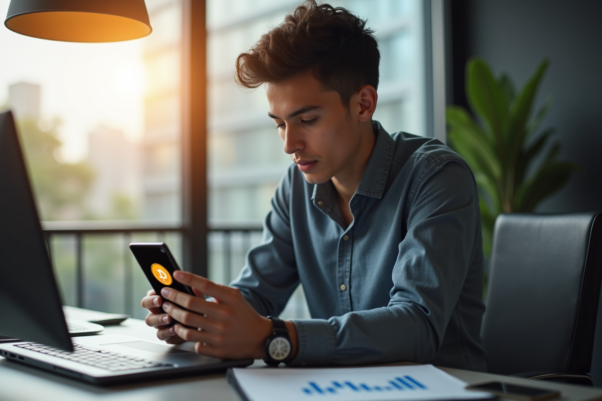 Jeune professionnel vérifiant son smartphone avec logo Dogecoin