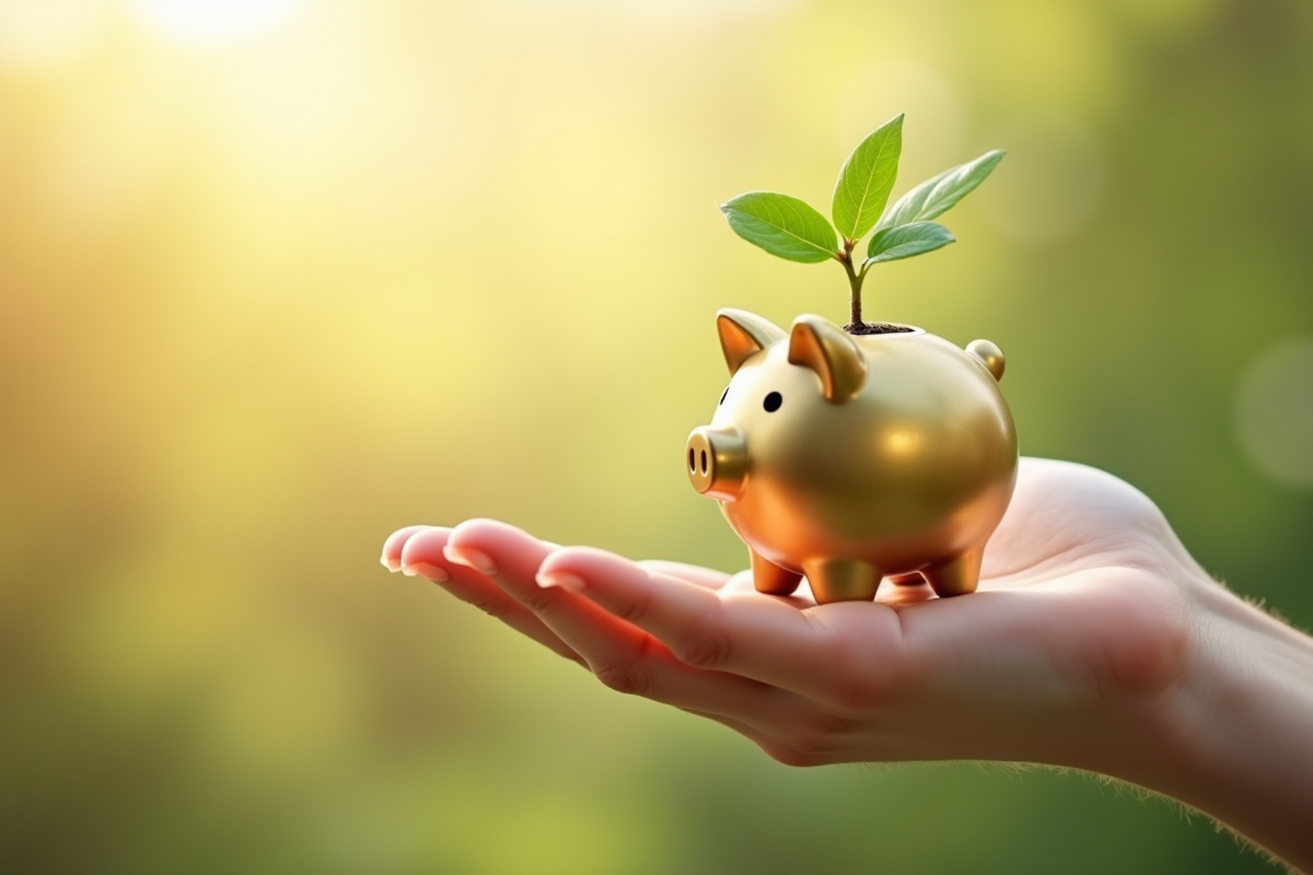 Main tenant une tirelire en or avec plante en croissance