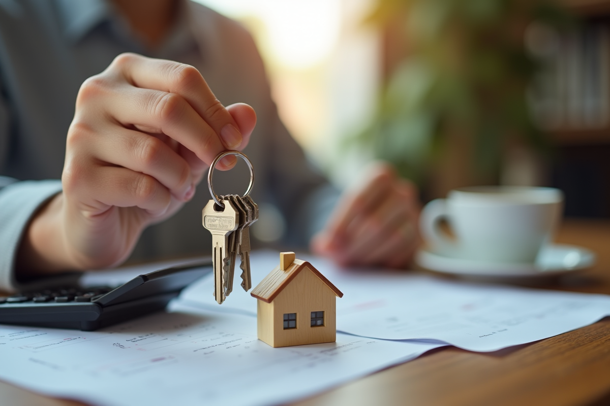 Main tenant des clés de maison avec calculatrice et papiers