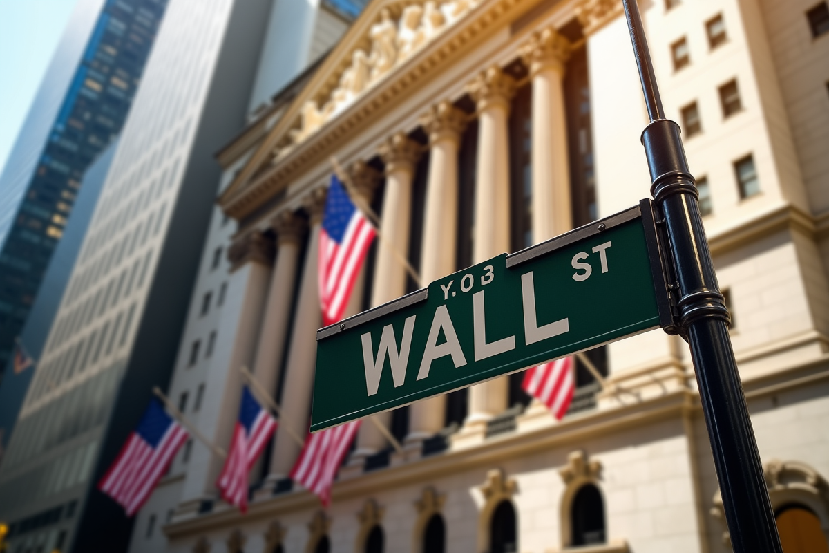 Panneau Wall Street avec la Bourse de New York en soleil