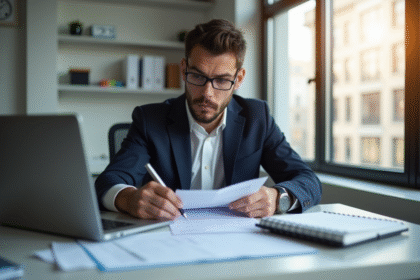 Professionnel examinant un contrat d'assurance sur un bureau moderne